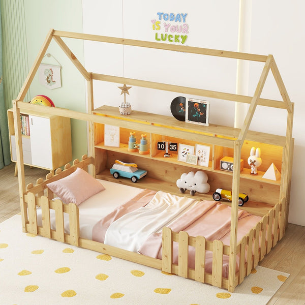 English Elm Twin House Bed with LED Light and Built-In Bookshelf, Solid Wood Playhouse Design for Kids Safety Natural 78.15 L x 15.75 W x 6.1 H W2593P269092
