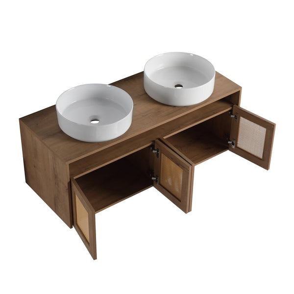 English Elm 48" Imitative Oak Wall Mounted Bathroom Vanity with Ceramic Art Sink, Plywood, 4 Soft-Close Doors, Modern Float Design W999S00399