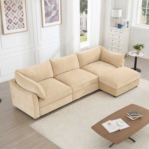 English Elm L-Shaped Modular Sofa With Movable Footstool, Cozy Crescent Armrests, Wheat Chenille Elegance W3041S00176