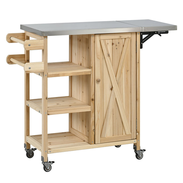 English Elm Foldable Outdoor Kitchen Cart with Stainless Worktop Fir Wood Frame and Lockable Wheels Natural N719P380281N