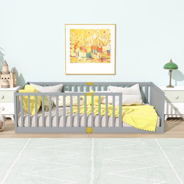 English Elm Twin House Frame Floor Bed Rubberwood with Roof Canopy and Safety Rails for Kids Grey W504P429529