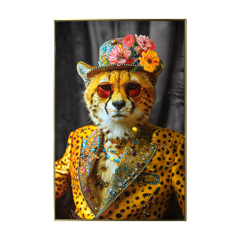 English Elm Abstract Cheetah Canvas Art in Gold Leopard Suit with Sunglasses and Flower Hat – Modern Wall Decor for Home Office W3374P322233
