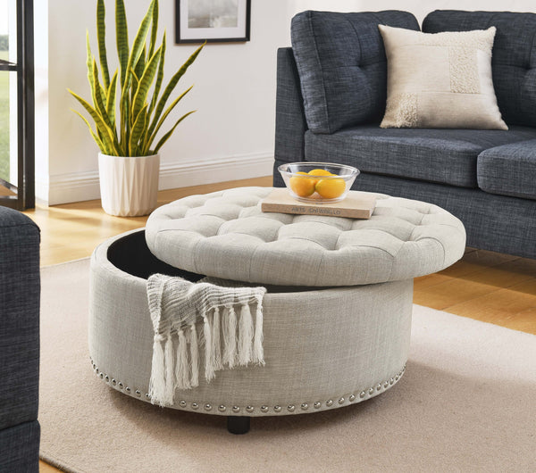English Elm Tufted Linen Square Ottoman with Lift Top Storage Nailhead Trim Living Room Almond B2748P481670