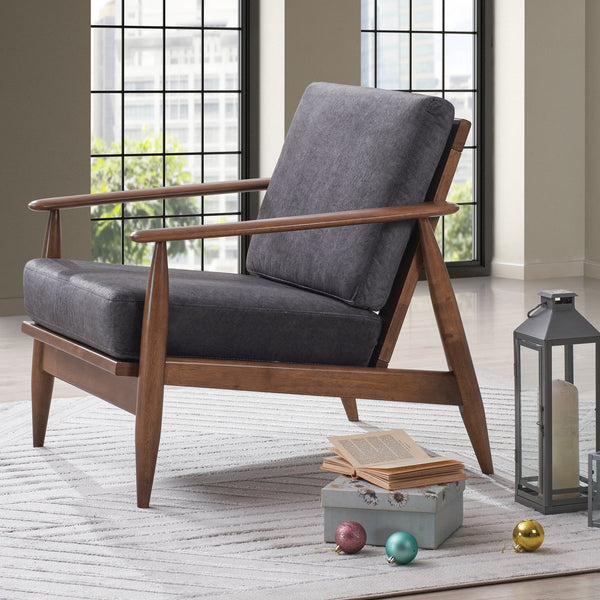 English Elm Charcoal Removable Cushion Accent Chair with Full Foam Comfort, Rubber Wood Frame, Brown Finish B062S00567
