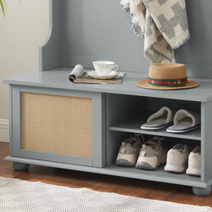 English Elm Clothes Hall Tree Storage Bench with Adjustable Shelves, Sliding Doors, Solid Poplar Feet & Shoe Bench Gray W2275P210041