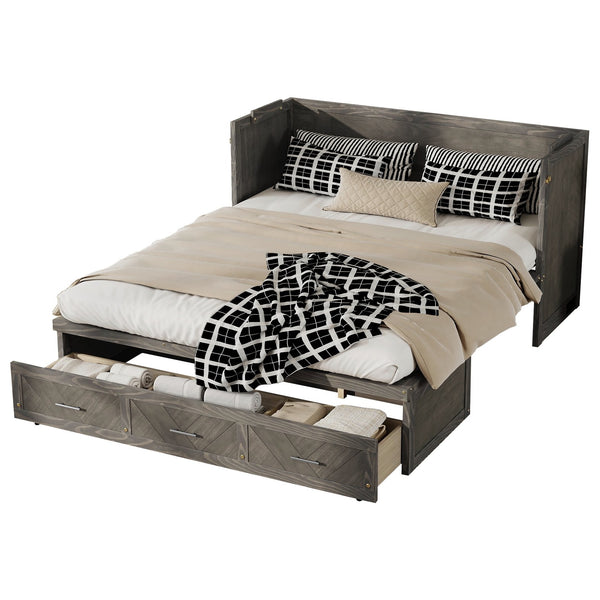 English Elm Queen Murphy Cabinet Bed Pine Wood Geometric Panel Antique Grey with Usb Charging W504S00302