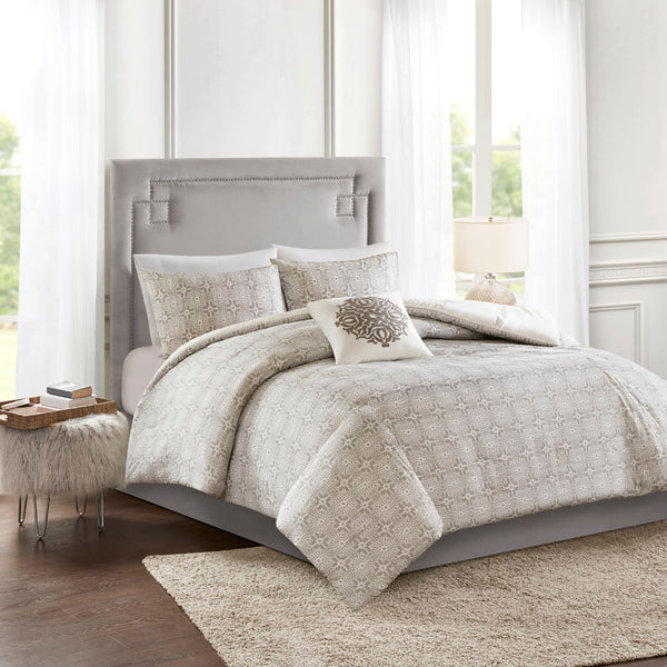 JLA Home Madison Park - 4 Piece Embroidered Cotton Reversible Duvet Cover Set with Tufted Grey Embroidery, Button Closures, Breathable Comfort 92 L x 104 W x 0.13H MP12-6186