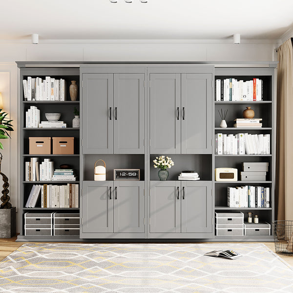 English Elm Full-size Murphy Wall Bed with Sliding Cabinets and Twelve Open Shelves for Studios Gray LP000919AAE