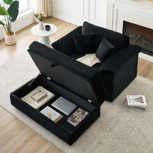 English Elm 47.24-inch corduroy armchair with storage ottoman and USB ports, spring seat, solid wood frame lounge Black W3356S00023