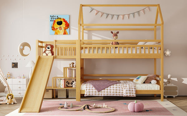 English Elm Full Bunk Bed with Trundle Bookshelf Storage Pine Frame Car Design for Kids W1580S00301
