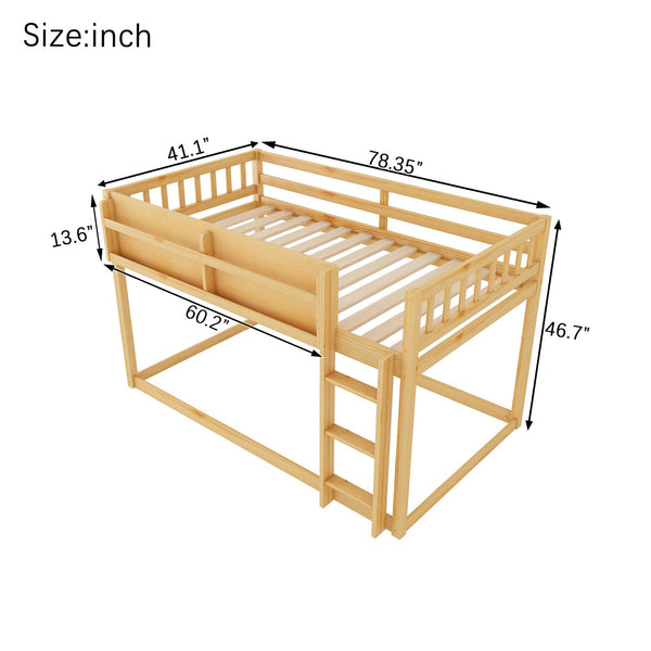 English Elm Low Low Twin Over Twin Bunk Bed with Ladder, Solid Wood Low-Profile Kids Bed Frame, Sturdy Design Natural 81.1 L x 13.58 W x 6.49 H W2593P375492