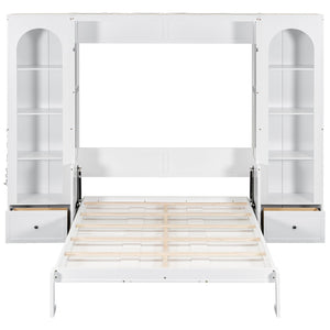 English Elm Queen Murphy Bed with Led Lighting Side Cabinets Shelving and Fold Down Desk Panel White N7090002226K-1