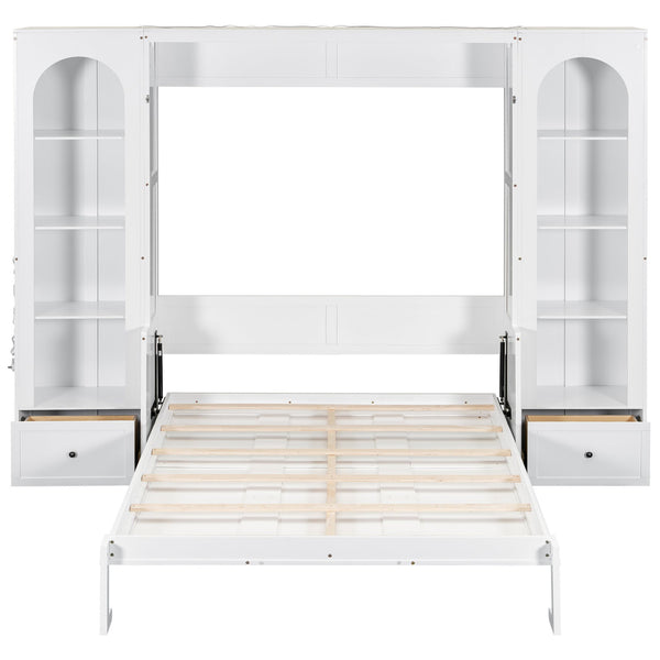 English Elm Queen Murphy Bed with Led Lighting Side Cabinets Shelving and Fold Down Desk Panel White N7090002226K-1