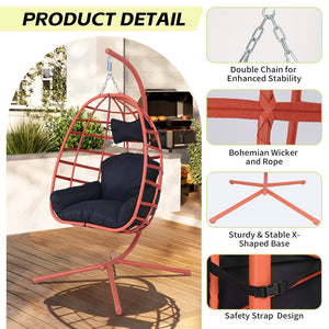 English Elm Egg Hanging Chair with Stand Pe Rattan Swing Seat Washable Cushion Patio Bedroom T5880P497443