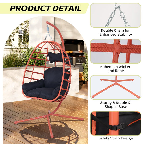 English Elm Egg Hanging Chair with Stand Pe Rattan Swing Seat Washable Cushion Patio Bedroom T5880P497443