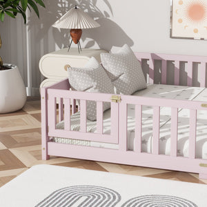 English Elm Queen Rubber Wood Floor Bed with Full Perimeter Safety Fence and Hinged Access Door Pink W504P429344