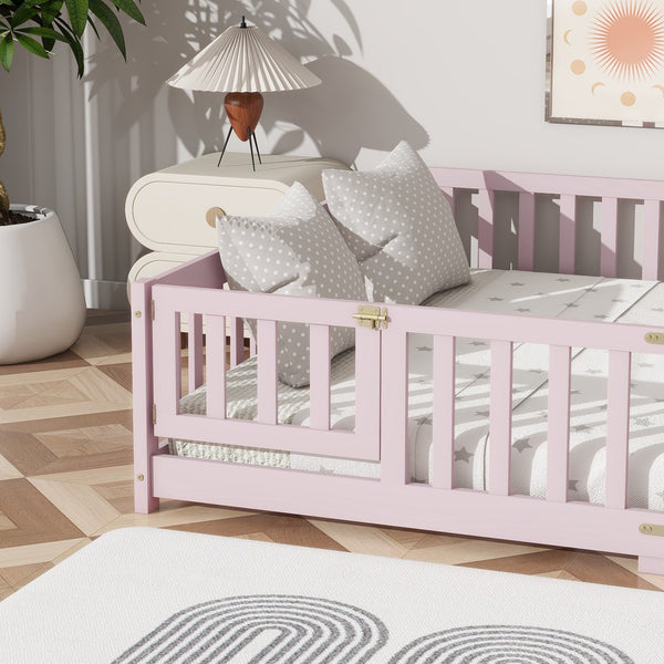 English Elm Queen Rubber Wood Floor Bed with Full Perimeter Safety Fence and Hinged Access Door Pink W504P429344