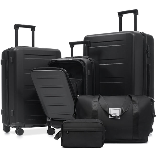 English Elm Luggage 5 Piece Hardside Abs Set with Front Access Carry on and Tsa Spinner Wheels Black N732P391544B