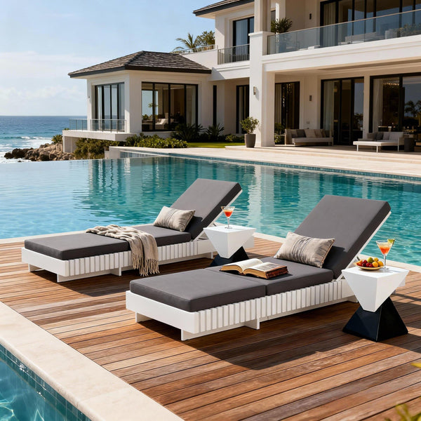 English Elm Modern Acacia Wood Outdoor Chaise Lounge Slatted Reclining Poolside Sun Chair Dark Grey,White N770P281696W_N770P208326G