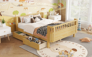 English Elm Twin Kids Platform Bed Solid Pine White Finish with Storage Drawers and Safety Rails Natural W2593P409119