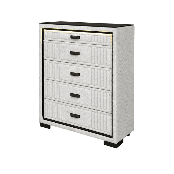 English Elm Isaiah Upholstered White and Black Chest with LED Lighting, Solid Wood MDF, Spacious Drawers and Handles White+Black 42.56 L x 18.11 W x 42.56 H B201P391214