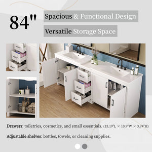 English Elm Christopher Knight Home® - 84" Double-Sink Bathroom Vanity with Quartz Countertop, Adjustable Shelves, Soft-Close Drawers & Silver Handles White N817P286004W