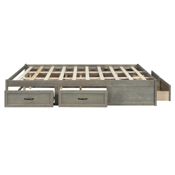 English Elm Queen Platform Bed with Six Storage Drawers Low Profile Frame for Modern Bedrooms Antique Gray N708P263022E