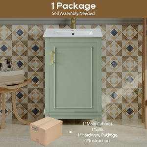 English Elm 20 Inch Modern Small Bathroom Vanity Cabinet With Ceramic Basin, Space-Saving Storage & Soft-Close Door Green N729P170386F