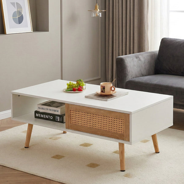 English Elm 41.34" Rattan Panel Coffee Table with Sliding Storage Door and Solid Wood Legs W1265107718