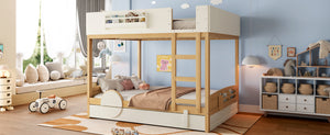 English Elm Queen Bunk Bed with Trundle Solid Pine Kids Car Themed Frame Built-in Bookshelf Natural+Beige W1580S00449