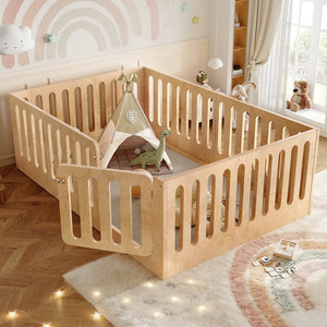 English Elm Twin Solid Pine Montessori Floor Bed with House Frame Door and Safety Fence Natural W5305P420636