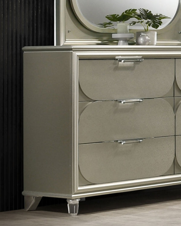 English Elm Contemporary Glam Acrylic-Handled 6-Drawer Dresser with Embossed Panels, Felt-Lined Jewelry Drawer Silver 66 L x 21 W x 40 H B2741P351980