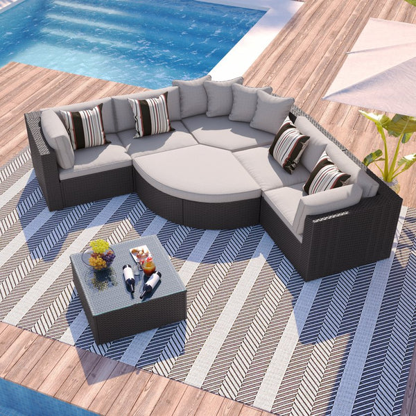 English Elm Go 7 Piece Outdoor Pe Wicker Sectional Set with Steel Frame and Striped Accent Pillows Brown FG201212AAA