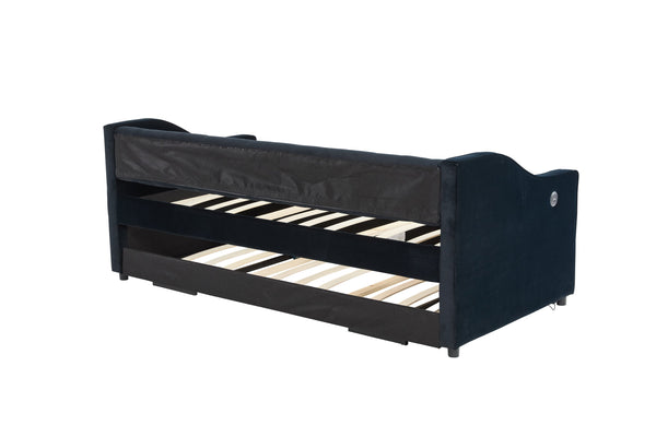 English Elm Twin Velvet Daybed with Pull Out Trundle Tufted Back Usb Port and Side Pockets Black W1361S00039