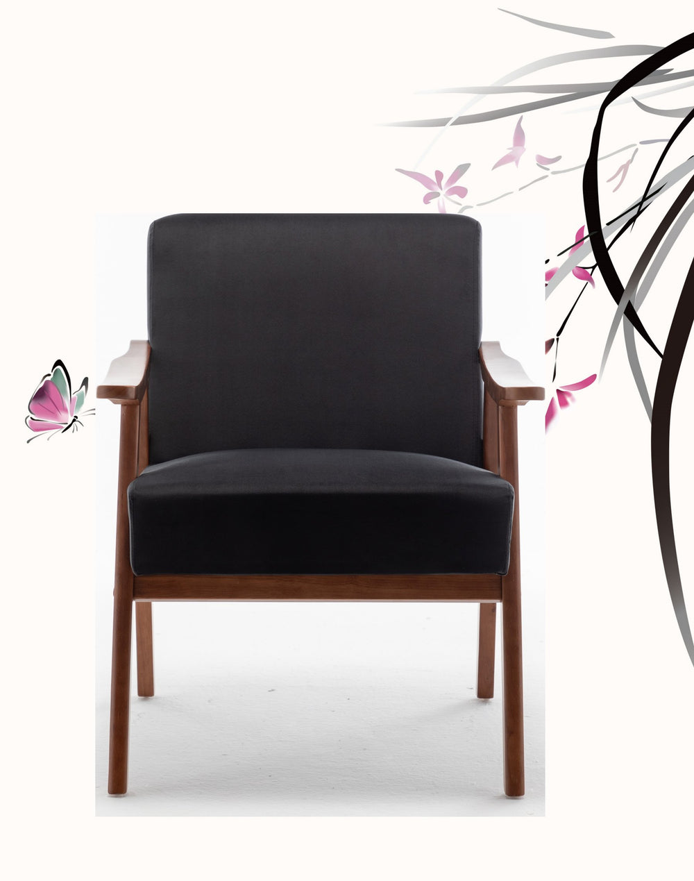 English Elm Accent Chair Microfiber Upholstered Tapered Wood Legs Mid-century Modern Lounge Seating Black B2735P256745