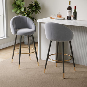 English Elm 40.5" Pleated Velvet High Back Barstools with Gold Ring Footrest Lounge Set of 2 N780P270114G