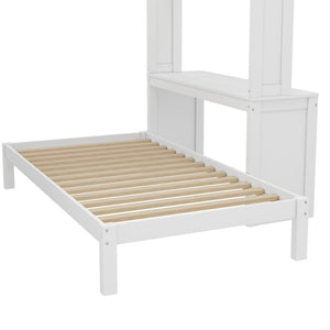 English Elm Queen Multifunctional Solid Wood Bunk Bed With Desk, Dismountable Twin Bed, Shelves & Wardrobe W1580S00214-GIGA