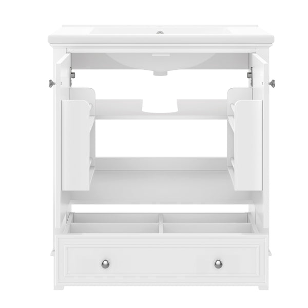 English Elm 30" Bathroom Vanity with Sink — Modern Freestanding 30" Cabinet with Ceramic Top, Drawer, Doors, Shelf White N725P221263K