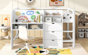 English Elm Full Size Low Loft Bed With Desk, Storage Solutions & Whiteboard For Creative Learning – White Finish N7090005005K