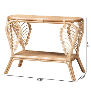 English Elm Bohemian Hand-braided Rattan Side Table with Open Shelf for Warm Organic Interiors B2750P467661