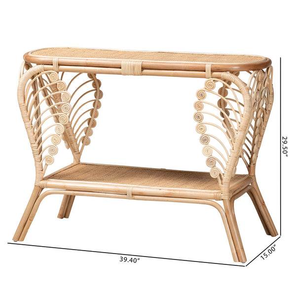 English Elm Bohemian Hand-braided Rattan Side Table with Open Shelf for Warm Organic Interiors B2750P467661