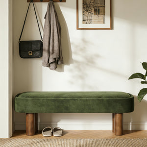 English Elm Indoor Boucle Upholstered Bench with Walnut Legs Textured Khaki Dining Seating Green,Walnut N779P390675G