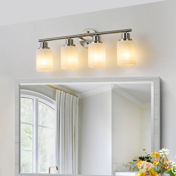 English Elm 24" Modern 4-Light Vanity Wall Sconce - Brushed Nickel & Frosted Glass For Elegant Bathroom Lighting W2312P374809