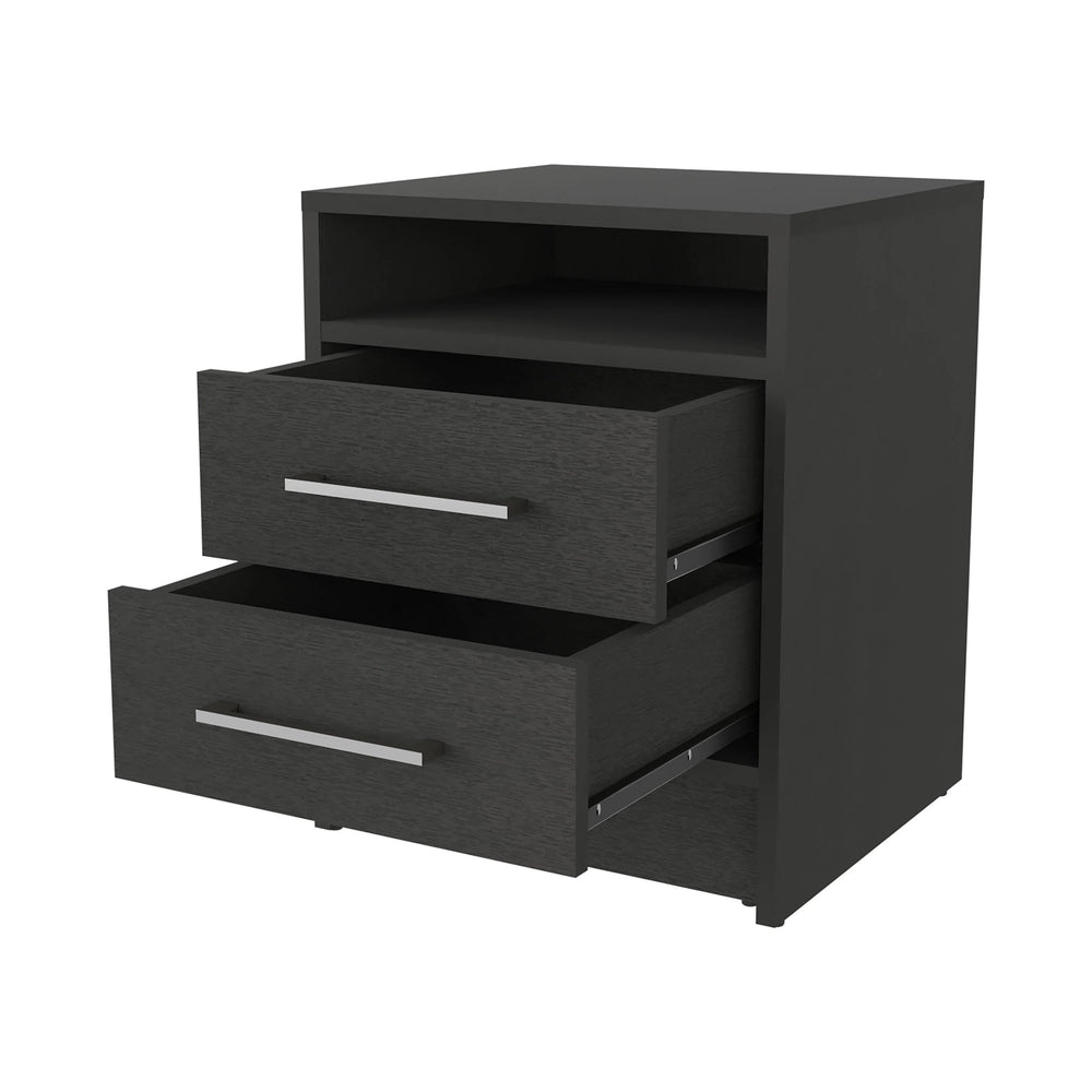 English Elm Wenge Two-Drawer Nightstand with Open Shelf, Smooth-Glide Rails, Durable Melamine, Compact 23.6"H B062P230638