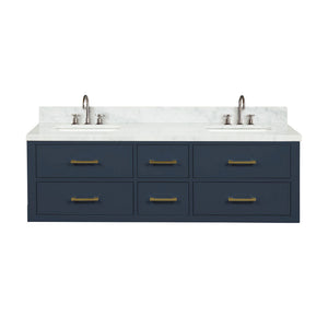 English Elm Blue Double Bath Vanity 60" W x 22" D with Carrara Marble Top, Chrome Gooseneck Faucets, Soft-Close Cabinets B2731P258046