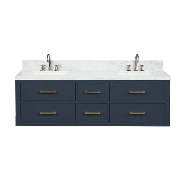 English Elm Blue Double Bath Vanity 60" W x 22" D with Carrara Marble Top, Chrome Gooseneck Faucets, Soft-Close Cabinets B2731P258046