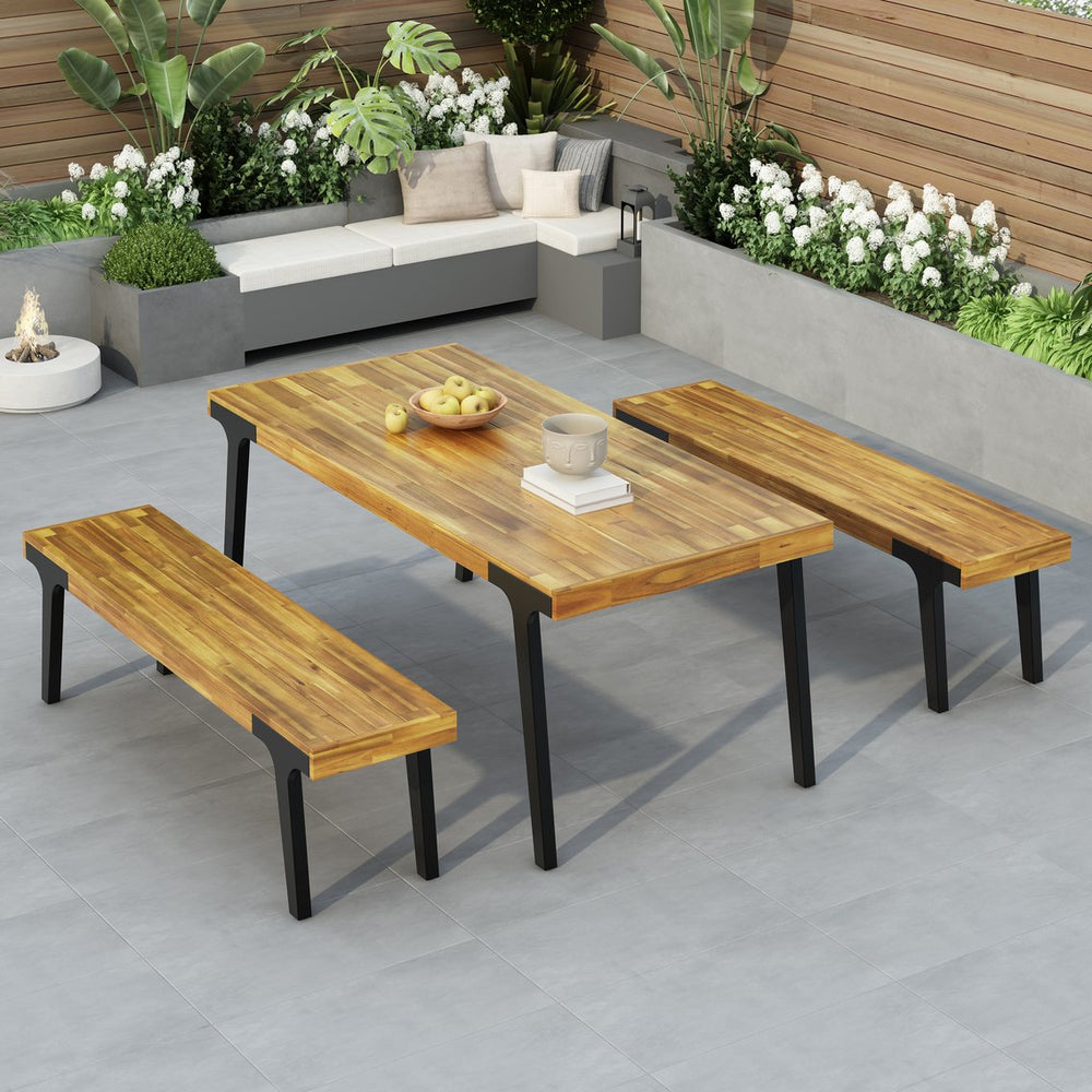 English Elm Christopher Knight Home® - 1 Acacia Outdoor Dining Table with 2 Benches - UV‑Treated Polywood Slats, Rust‑Resistant Metal Frame, Seats 6 74323.00_74322.00