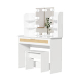 English Elm Vanity Desk Set Stool & Dressing Table With Led Lighting Mirror Drawer and Compartments Modern Wood Cosmetic Table Chest Of Drawers White Color