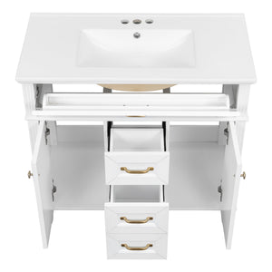 English Elm 36 Inch Bathroom Vanity with Ceramic Sink, Durable MDF & Solid Wood Frame, Soft-Close Doors, Luxe Handles, Ample Organized Storage, Modern Freestanding Design White N725P314034K