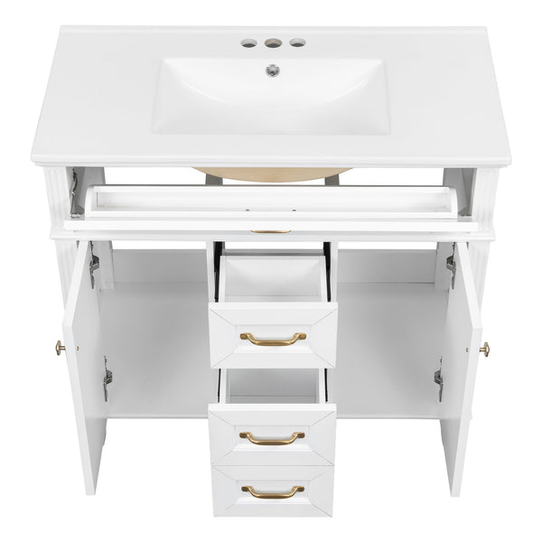English Elm 36 Inch Bathroom Vanity with Ceramic Sink, Durable MDF & Solid Wood Frame, Soft-Close Doors, Luxe Handles, Ample Organized Storage, Modern Freestanding Design White N725P314034K